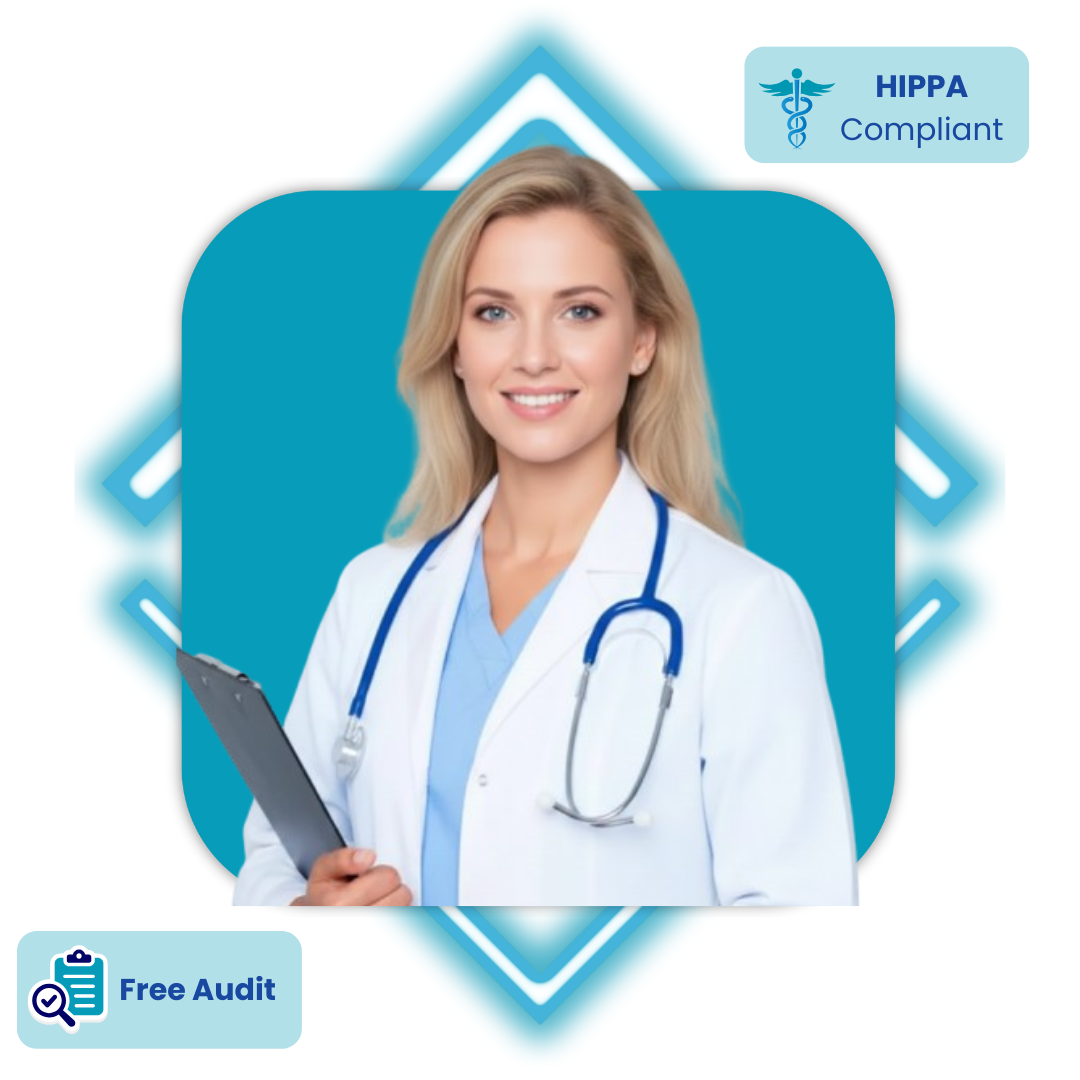 Smiling blonde female doctor in white coat with stethoscope next to HIPAA Compliant contact form with fields for name, email, phone number, and message, offering free medical billing audit
