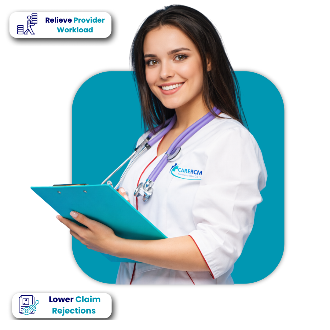 Smiling female healthcare provider in white coat with purple stethoscope holding a blue clipboard, promoting Relief Provider Workload and Lower Claim Rejections for CareRCM medical billing services