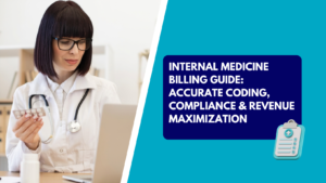 A female physician reviewing medical records on a laptop, featuring a promotional banner for "Internal Medicine Billing Guide: Accurate Coding, Compliance & Revenue Maximization" with a call-to-action button to schedule a free consultation.