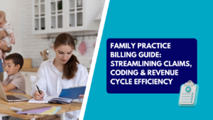 Family Practice Billing Guide - Streamlining Claims, Coding & Revenue Cycle Efficiency. Female healthcare professional reviewing documents at a home office desk while managing family responsibilities.