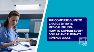A female medical professional in blue scrubs reviewing patient documents at a desk, with a title on the right that reads: 'THE COMPLETE GUIDE TO CHARGE ENTRY IN MEDICAL BILLING: HOW TO CAPTURE EVERY DOLLAR AND ELIMINATE REVENUE LEAKS