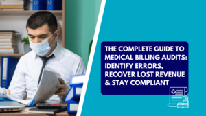 A professional medical biller in a mask reviewing financial documents, featuring text for "The Complete Guide to Medical Billing Audits: Identify Errors, Recover Lost Revenue & Stay Compliant.
