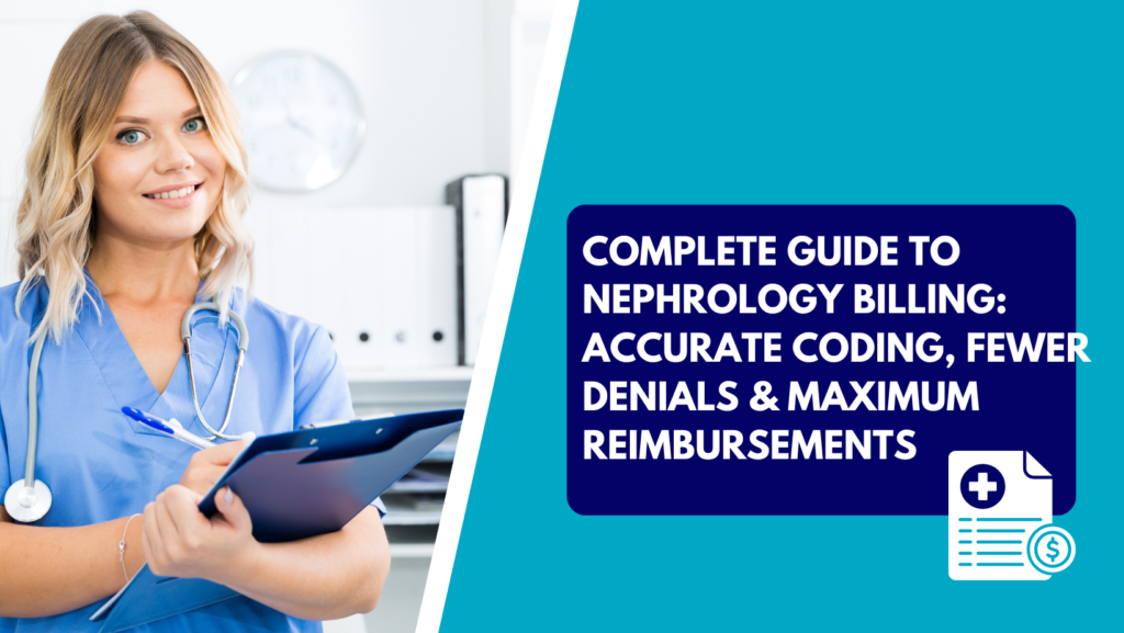 Nephrology billing specialist in scrubs reviewing patient claims — Complete Guide to Nephrology Billing for ESRD coding and maximum reimbursements