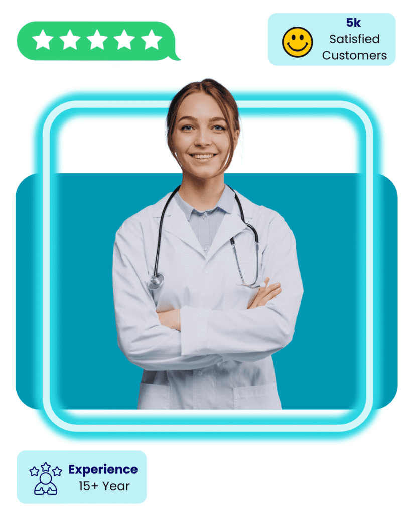 A professional female doctor in a white coat and stethoscope with arms crossed, framed by a glowing cyan border. The image includes trust badges: a green five-star rating bubble, a light blue box showing '5k Satisfied Customers' with a smiley icon, and a bottom badge indicating 'Experience 15+ Year'.