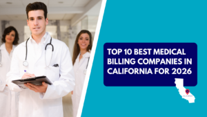 Top 10 Best Medical Billing Companies in California for 2026 banner featuring healthcare professionals and a California map outline.