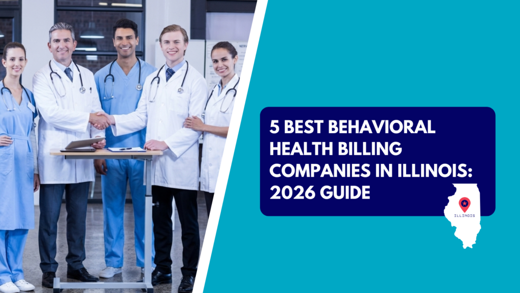 A team of medical doctors and nurses shaking hands, alongside a graphic banner reading "5 Best Behavioral Health Billing Companies in Illinois: 2026 Guide" with an Illinois map icon.