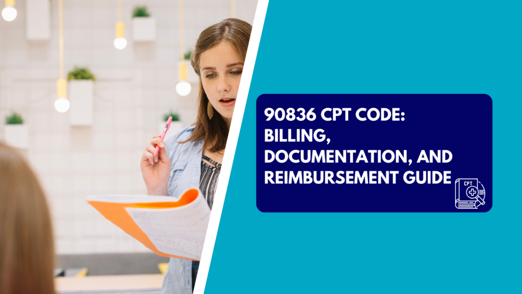 A healthcare professional reviewing a chart, alongside a graphic banner reading "90836 CPT Code: Billing, Documentation, and Reimbursement Guide