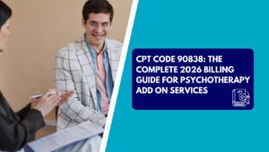 A patient smiling during a therapy session, alongside a graphic banner reading "CPT Code 90838: The Complete 2026 Billing Guide for Psychotherapy Add On Services."