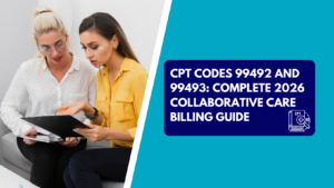 Two medical office professionals reviewing a patient chart on a clipboard, alongside a graphic banner reading "CPT Codes 99492 and 99493: Complete 2026 Collaborative Care Billing Guide."