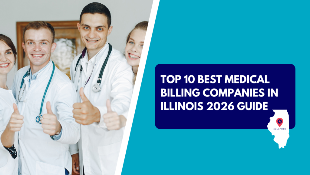 A team of medical professionals giving a thumbs-up gesture, alongside a graphic banner reading "Top 10 Best Medical Billing Companies in Illinois 2026 Guide" with an Illinois map icon.