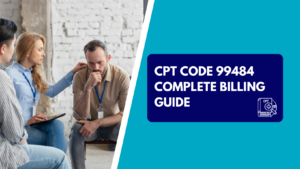 A blonde woman comforting a distressed man by placing a hand on his shoulder during a group support session. The right side features a teal background with a dark blue box reading "CPT CODE 99484 COMPLETE BILLING GUIDE" next to a CPT book graphic.