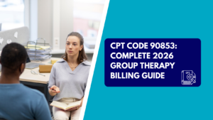 A young woman holding an open notebook gestures while speaking to a man in a modern office environment. The right half features a teal background with a dark blue box reading "CPT CODE 90853: COMPLETE 2026 GROUP THERAPY BILLING GUIDE" next to a CPT book icon.
