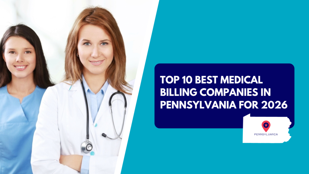 A female physician with a stethoscope over her white lab coat stands next to a smiling medical assistant in blue scrubs. The right half features a teal background with a dark blue text box reading "TOP 10 BEST MEDICAL BILLING COMPANIES IN PENNSYLVANIA FOR 2026" above a white silhouette map of Pennsylvania with a red pin.