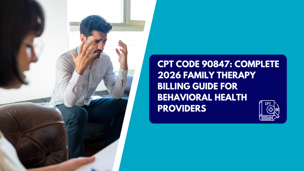 A frustrated man gesturing with his hands while sitting on a couch across from a female therapist who is reviewing paperwork. The right side features a teal background with a dark blue text box reading "CPT CODE 90847: COMPLETE 2026 FAMILY THERAPY BILLING GUIDE FOR BEHAVIORAL HEALTH PROVIDERS" next to a CPT book graphic.