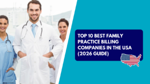 A male doctor in a white lab coat with hands in his pockets stands smiling alongside two female medical colleagues in a clinical setting. The right side features a teal background with a dark blue text box reading "TOP 10 BEST FAMILY PRACTICE BILLING COMPANIES IN THE USA (2026 GUIDE)" above an American flag patterned map silhouette of the United States.