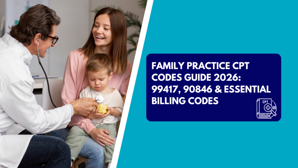 A male physician with glasses listens to a young boy's heartbeat with a stethoscope while the smiling mother holds her child. The right half features a teal background with a dark blue text box reading "FAMILY PRACTICE CPT CODES GUIDE 2026: 99417, 90846 & ESSENTIAL BILLING CODES" next to a CPT book graphic.