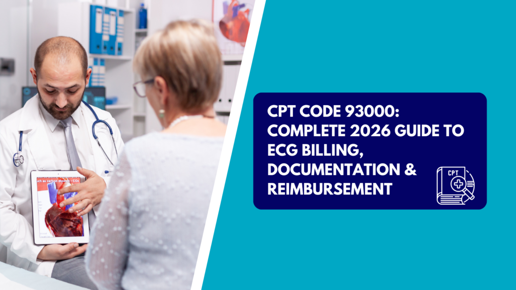 A male physician wearing a white lab coat and stethoscope points to an anatomical heart graphic on a tablet screen while speaking with a senior female patient. The right half features a teal background with a dark blue text box reading "CPT CODE 93000: COMPLETE 2026 GUIDE TO ECG BILLING, DOCUMENTATION & REIMBURSEMENT" next to a CPT book icon.