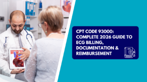 A male physician wearing a white lab coat and stethoscope points to an anatomical heart graphic on a tablet screen while speaking with a senior female patient. The right half features a teal background with a dark blue text box reading "CPT CODE 93000: COMPLETE 2026 GUIDE TO ECG BILLING, DOCUMENTATION & REIMBURSEMENT" next to a CPT book icon.