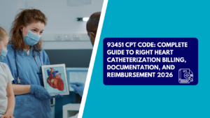 A female medical provider wearing blue scrubs, a surgical mask, and gloves holds a tablet showing an anatomical diagram of a human heart. The right half features a teal background with a dark blue text box reading "93451 CPT CODE: COMPLETE GUIDE TO RIGHT HEART CATHETERIZATION BILLING, DOCUMENTATION, AND REIMBURSEMENT 2026" next to a CPT book graphic.