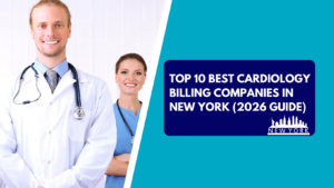 A smiling male physician in a white lab coat and tie stands in front of a smiling female colleague wearing blue scrubs and a stethoscope. The right side features a teal background with a dark blue text box reading "TOP 10 BEST CARDIOLOGY BILLING COMPANIES IN NEW YORK (2026 GUIDE)" above a white silhouette of the New York City skyline.