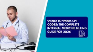 A male physician wearing a white lab coat with a stethoscope over his shoulders sits at a desk and writes in a pink spiral notebook. The right side has a teal background with a dark blue text box reading "99202 TO 99205 CPT CODES: THE COMPLETE INTERNAL MEDICINE BILLING GUIDE FOR 2026" next to a CPT book icon.