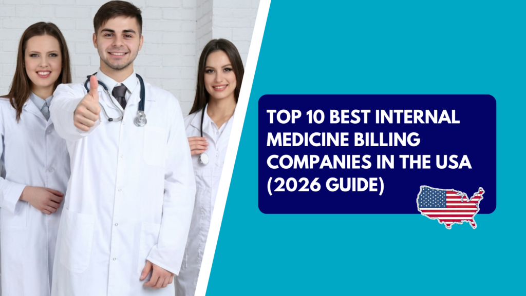 Three smiling healthcare providers in white lab coats stand against a white brick wall, with the male physician in the center giving a thumbs-up. The right half features a teal background with a dark blue text box reading "TOP 10 BEST INTERNAL MEDICINE BILLING COMPANIES IN THE USA (2026 GUIDE)" above an American flag-patterned silhouette map of the United States.