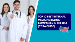 Three smiling healthcare providers in white lab coats stand against a white brick wall, with the male physician in the center giving a thumbs-up. The right half features a teal background with a dark blue text box reading "TOP 10 BEST INTERNAL MEDICINE BILLING COMPANIES IN THE USA (2026 GUIDE)" above an American flag-patterned silhouette map of the United States.