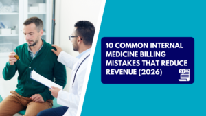 A male doctor in a white lab coat holds a clipboard and places a supportive hand on the shoulder of a patient in a green cardigan who is looking at a pill bottle. The right half features a teal background with a dark blue text box reading "10 COMMON INTERNAL MEDICINE BILLING MISTAKES THAT REDUCE REVENUE (2026)" next to a medical invoice icon.