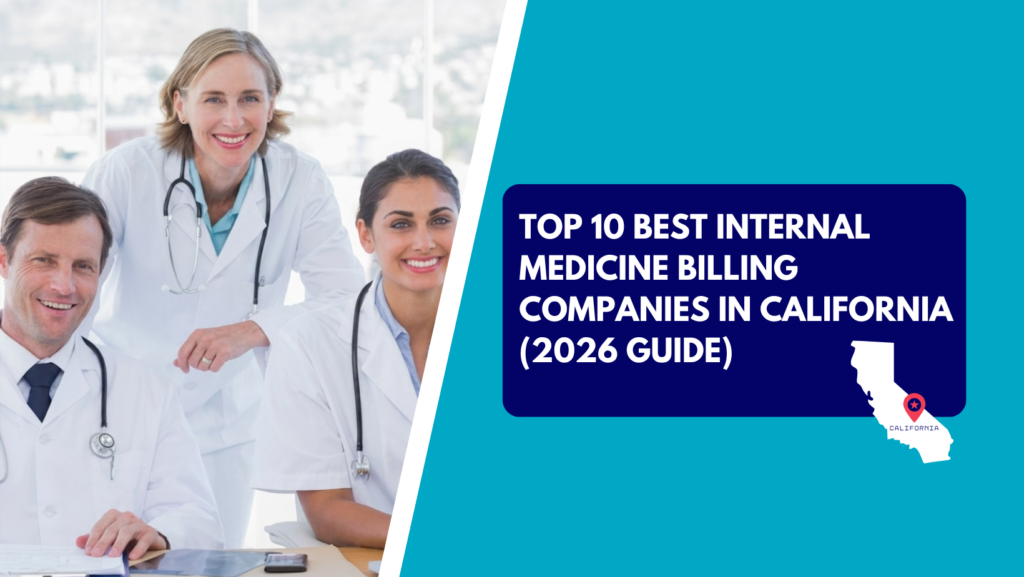 A team of three smiling physicians, one male and two female, wear white lab coats and stethoscopes while looking forward. The right side features a teal background with a dark blue text box reading "TOP 10 BEST INTERNAL MEDICINE BILLING COMPANIES IN CALIFORNIA (2026 GUIDE)" above a white silhouette map of California containing a red location marker.