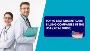 A male physician wearing glasses and holding a teal clipboard stands back-to-back with a smiling female colleague in a white lab coat. The right half features a teal background with a dark blue text box reading "TOP 10 BEST URGENT CARE BILLING COMPANIES IN THE USA (2026 GUIDE)" above an American flag-patterned map of the United States.
