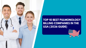 Three smiling medical professionals—a male doctor in the foreground with crossed arms, another doctor behind him, and a woman in light blue scrubs—stand together. The right half features a teal background with a dark blue text box reading "TOP 10 BEST PULMONOLOGY BILLING COMPANIES IN THE USA (2026 GUIDE)" above an American flag-patterned map of the United States.