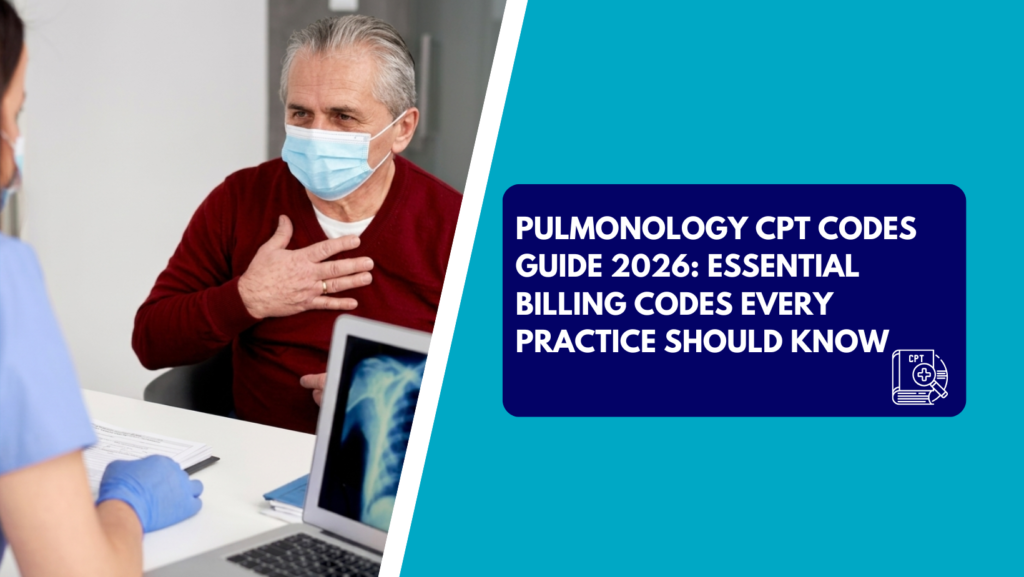 A senior man wearing a face mask holds his hand to his chest while talking to a doctor in blue scrubs and gloves, with a laptop showing a chest X-ray on the desk. The right side features a teal background with a dark blue text box reading "PULMONOLOGY CPT CODES GUIDE 2026: ESSENTIAL BILLING CODES EVERY PRACTICE SHOULD KNOW" next to a CPT book icon.