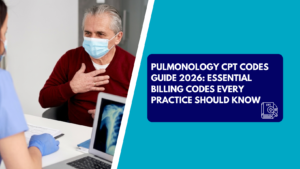 A senior man wearing a face mask holds his hand to his chest while talking to a doctor in blue scrubs and gloves, with a laptop showing a chest X-ray on the desk. The right side features a teal background with a dark blue text box reading "PULMONOLOGY CPT CODES GUIDE 2026: ESSENTIAL BILLING CODES EVERY PRACTICE SHOULD KNOW" next to a CPT book icon.