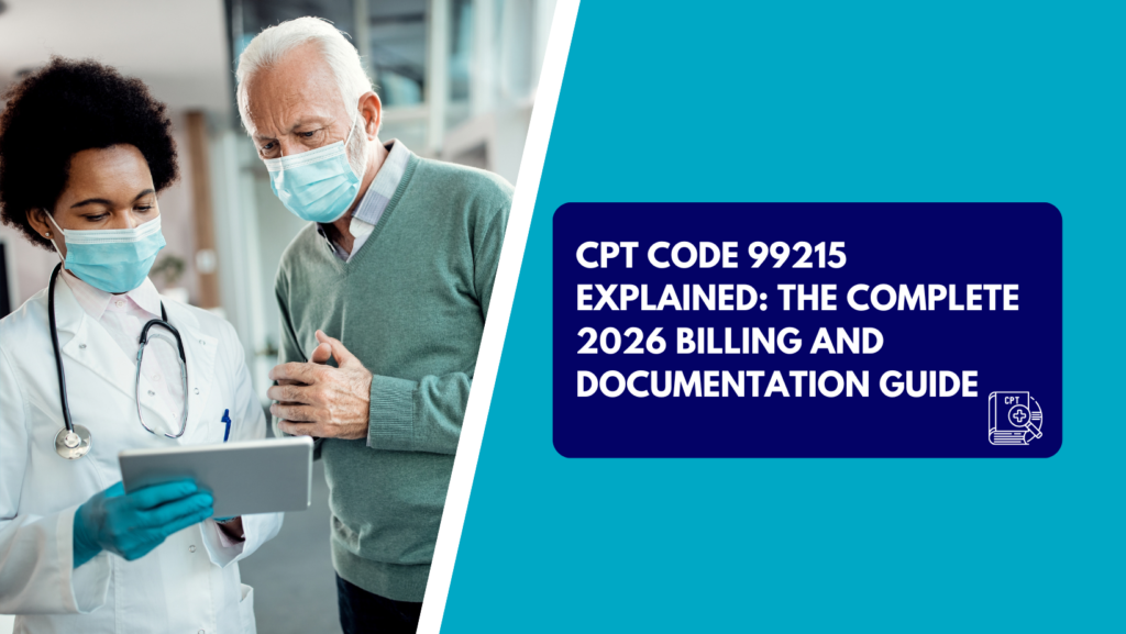 A female physician wearing a mask and blue medical gloves shows information on a tablet computer to an elderly male patient wearing a face mask. The right side features a teal background with a dark blue text box reading "CPT CODE 99215 EXPLAINED: THE COMPLETE 2026 BILLING AND DOCUMENTATION GUIDE" next to a CPT book icon.