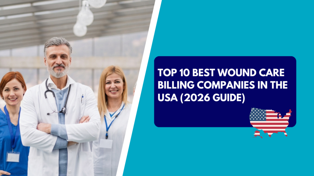 A smiling male doctor with gray hair and a stethoscope stands with arms crossed in front of two female colleagues in blue scrubs and white coats. The right side features a teal background with a dark blue text box reading "TOP 10 BEST WOUND CARE BILLING COMPANIES IN THE USA (2026 GUIDE)" above an American flag-patterned map of the United States.