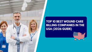 A smiling male doctor with gray hair and a stethoscope stands with arms crossed in front of two female colleagues in blue scrubs and white coats. The right side features a teal background with a dark blue text box reading "TOP 10 BEST WOUND CARE BILLING COMPANIES IN THE USA (2026 GUIDE)" above an American flag-patterned map of the United States.