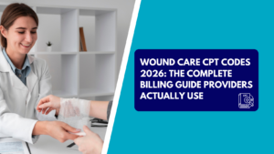 A healthcare worker in a white lab coat carefully wraps white gauze around a patient's forearm in a modern clinic office. The right side features a teal background with a dark blue text box reading "WOUND CARE CPT CODES 2026: THE COMPLETE BILLING GUIDE PROVIDERS ACTUALLY USE" next to a CPT book icon.