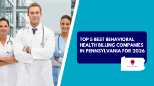 A male physician in a white lab coat standing confidently with arms crossed between two female medical professionals. The right side features a teal background with a dark blue text box reading "TOP 5 BEST BEHAVIORAL HEALTH BILLING COMPANIES IN PENNSYLVANIA FOR 2026" above a white silhouette map of Pennsylvania with a red location pin.