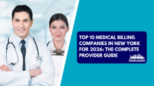 A male physician in a white lab coat with crossed arms and a stethoscope stands in front of a female medical provider holding a clipboard. The right half features a teal background with a dark blue text box reading "TOP 10 MEDICAL BILLING COMPANIES IN NEW YORK FOR 2026: THE COMPLETE PROVIDER GUIDE" above a white New York skyline silhouette.