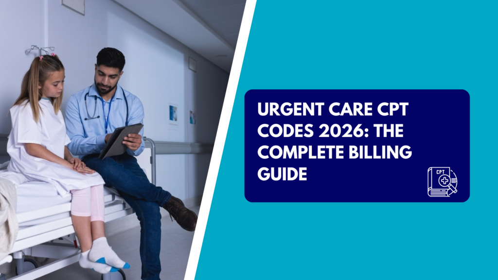 A male healthcare provider in a light blue shirt sitting beside a young girl on a hospital bed while pointing at a tablet screen. The right side features a teal section with a dark blue text box reading "URGENT CARE CPT CODES 2026: THE COMPLETE BILLING GUIDE" next to a CPT book icon.
