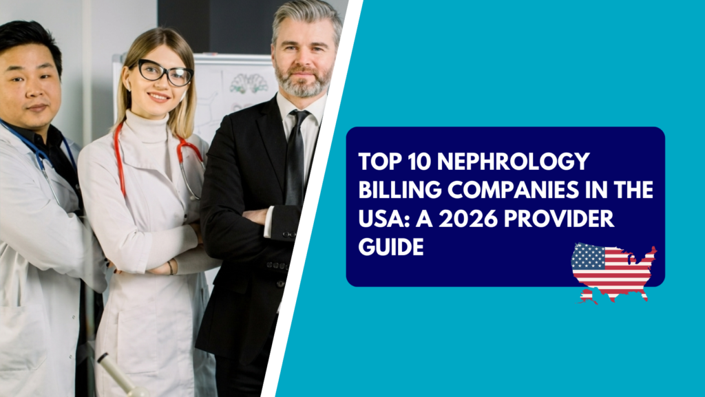 Three professionals standing with arms crossed, including two doctors in white lab coats and stethoscopes alongside a man in a black suit and tie. The right side features a teal section with a dark blue text box reading "TOP 10 NEPHROLOGY BILLING COMPANIES IN THE USA: A 2026 PROVIDER GUIDE" above an American flag-patterned map of the United States.