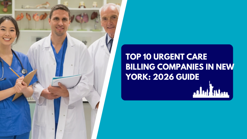 Three healthcare professionals—an Asian nurse holding a clipboard, a middle-aged male doctor holding a folder, and a senior physician—smiling in a medical office with anatomy models in the background. The right side features a teal section with a dark blue text box reading "TOP 10 URGENT CARE BILLING COMPANIES IN NEW YORK: 2026 GUIDE" above a white New York City skyline silhouette.