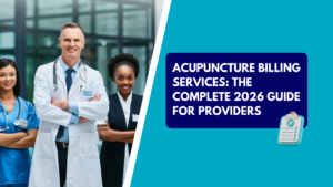 A confident male doctor in a white lab coat standing with crossed arms alongside an Asian female nurse in blue scrubs and a Black female healthcare administrator. The right side features a teal section with a dark blue text box reading "ACUPUNCTURE BILLING SERVICES: THE COMPLETE 2026 GUIDE FOR PROVIDERS" next to a light blue medical clipboard icon.