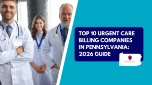 A team of three smiling healthcare providers—a young male doctor with crossed arms, a female colleague, and an older male physician—wearing white lab coats and stethoscopes. The right side features a teal section with a dark blue text box reading "TOP 10 URGENT CARE BILLING COMPANIES IN PENNSYLVANIA: 2026 GUIDE" above a white silhouette map of Pennsylvania with a location pin.