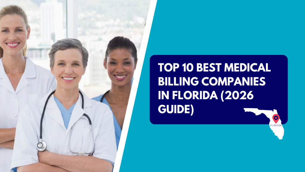 Three diverse female medical professionals—a doctor with short hair and a stethoscope, flanked by two smiling colleagues in lab coats and scrubs—standing in front of a window. The right side features a teal section with a dark blue text box reading "TOP 10 BEST MEDICAL BILLING COMPANIES IN FLORIDA (2026 GUIDE)" above a white silhouette map of Florida with a location pin.