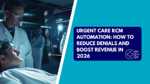 A male physician wearing glasses and a lab coat reviewing holographic medical screens while examining a patient lying down with a visor headband. The right side features a teal section with a dark blue text box reading "URGENT CARE RCM AUTOMATION: HOW TO REDUCE DENIALS AND BOOST REVENUE IN 2026" next to a medical cross AI circuit icon.