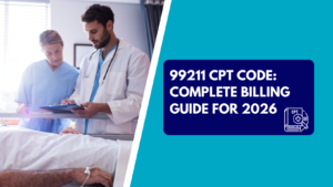 A male physician in a white coat writing on a medical clipboard while a female nurse looks on, standing beside a patient resting in a hospital bed. The right side features a teal section with a dark blue text box reading "99211 CPT CODE: COMPLETE BILLING GUIDE FOR 2026" next to a CPT code book icon.