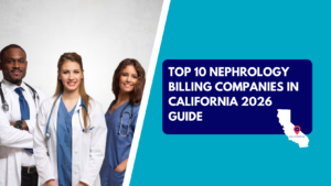 Three diverse medical professionals—a Black male doctor, a white female doctor, and a white female nurse—standing together against a white background. The right side features a teal section with a dark blue text box reading "TOP 10 NEPHROLOGY BILLING COMPANIES IN CALIFORNIA 2026 GUIDE" with a map of California below it.