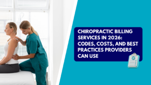 A female chiropractor wearing teal scrubs inspecting a patient's back and posture as she sits upright on a treatment table near a window. The right side features a teal section with a dark blue text box reading "CHIROPRACTIC BILLING SERVICES IN 2026: CODES, COSTS, AND BEST PRACTICES PROVIDERS CAN USE" next to a medical clipboard icon.