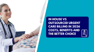 A female physician with blonde hair wearing a white lab coat and stethoscope warmly holding her patient's hand during a consultation. The right side features a teal section with a dark blue text box reading "IN HOUSE VS OUTSOURCED URGENT CARE BILLING IN 2026 COSTS, BENEFITS AND THE BETTER CHOICE" next to a billing document icon.